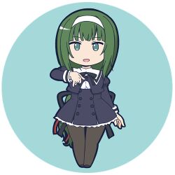 Rule 34 | 1girl, aqua background, aqua eyes, arm at side, assault lily, black footwear, black skirt, blunt bangs, brown pantyhose, chibi, commentary request, cropped jacket, frilled skirt, frills, full body, green hair, hair ribbon, hairband, hand up, hasebe touka, high-waist skirt, juliet sleeves, long hair, long sleeves, looking at viewer, lowres, masaki itsuki, miniskirt, pantyhose, parted lips, puffy sleeves, red ribbon, ribbon, round image, school uniform, shirt, shoes, sign language, simple background, skirt, smile, solo, standing, transparent background, very long hair, white hairband, white shirt, yurigaoka girls academy school uniform