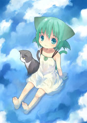 Rule 34 | 1girl, animal, animal ears, aqua eyes, barefoot, cat, cat ears, cat girl, cat tail, feet, green hair, kito (sorahate), original, partially submerged, reflection, reflective water, sitting, solo, tail, water