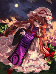 Rule 34 | 1girl, bow, brown eyes, brown hair, dress, dutch angle, full body, full moon, hair between eyes, hair bow, hat, hat ribbon, highres, juliet sleeves, layered dress, long hair, long sleeves, looking at viewer, mary janes, mob cap, moon, mountainous horizon, night, night sky, open mouth, outstretched hand, print tabard, puffy sleeves, purple tabard, red bow, red footwear, red ribbon, ribbon, shoes, sky, solo, star (sky), starry sky, sutaku77224, tabard, touhou, very long hair, white dress, white hat, white legwear, wide sleeves, yakumo yukari