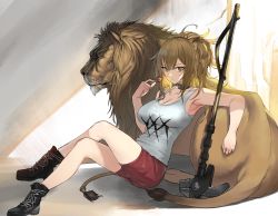 Rule 34 | 1girl, animal ears, arknights, armpits, bare arms, bare shoulders, black footwear, boots, breasts, brown eyes, brown hair, candy, cleavage, commentary request, crossed legs, food, hammer, hand up, highres, holding, holding food, large breasts, lion, lion ears, lion tail, lollipop, long hair, looking at viewer, red shorts, shorts, siege (arknights), sitting, tail, tank top, thighs, urrrt, white tank top