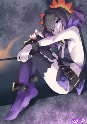 Rule 34 | absurdres, baton (weapon), belt, braid, choker, feet, flower hair ornament, fukuinu, hair ornament, highres, looking at viewer, mole, mole under eye, nail polish, no shoes, purple eyes, red nails, signature, sitting, symonne (tales), tales of (series), tales of zestiria, thighhighs, weapon