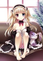 Rule 34 | 10s, 1girl, absurdres, areola slip, bare shoulders, barefoot, blonde hair, blue eyes, blush, boku wa tomodachi ga sukunai, breasts, cameltoe, couch, detached collar, detached sleeves, feet, feet on chair, full body, gothic lolita, hairband, hands on feet, hasegawa kobato, heterochromia, highres, karory, knees to chest, legs, lolita fashion, lolita hairband, long hair, looking at viewer, panties, pink panties, red eyes, scan, sitting, small breasts, solo, strap slip, stuffed animal, stuffed rabbit, stuffed toy, sweat, toes, translated, twintails, two side up, underwear, white background