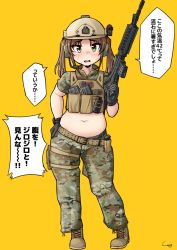 Rule 34 | 1girl, american flag, assault rifle, belly, belt, black gloves, blush, boots, brown hair, camouflage, camouflage pants, character request, commentary request, copyright request, dot nose, explosive, full body, gloves, grenade, gun, hand on own hip, headphones, headset, helmet, highres, holding, holding gun, holding weapon, looking at viewer, m4 carbine, magazine (weapon), medium hair, microphone, muffin top, navel, open mouth, pants, plump, rifle, shigekikkusu, short sleeves, sidelocks, signature, solo, speech bubble, standing, sweat, thick arms, translation request, tsurime, twintails, utility belt, weapon, yellow background, yellow eyes