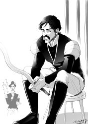 Rule 34 | 1boy, artist name, bebinn, black footwear, black hair, boots, facial hair, greyscale, holding, holding sword, holding weapon, knee boots, male focus, monochrome, multiple views, mustache, ousama ranking, sitting, soul patch, stool, sword, weapon
