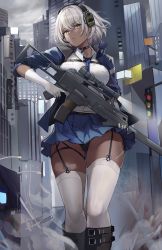 Rule 34 | 1girl, bandaid, bandaid on face, bandaid on nose, black choker, black panties, blue jacket, blue necktie, blue skirt, boots, breasts, choker, city, closed mouth, collared shirt, dark-skinned female, dark skin, ear piercing, gloves, gun, headphones, highres, jacket, knee boots, kuza brs, large breasts, miniskirt, necktie, open clothes, open jacket, original, outdoors, panties, pantyhose, piercing, pleated skirt, rifle, shirt, short hair, skirt, solo, thighhighs, thighhighs under boots, traffic light, underwear, weapon, white gloves, white hair, white shirt, white thighhighs, yellow eyes