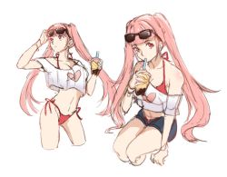 1girl, bangs, bikini, bikini under clothes, blue shorts, blunt bangs, bracelet, breasts, cleavage, collarbone, contrapposto, cropped legs, drinking straw, eyewear on head, female focus, fire emblem, fire emblem: three houses, floating hair, groin, halterneck, heart, heart print, hilda valentine goneril, jewelry, long hair, looking at viewer, matching hair/eyes, medium breasts, midriff, navel, nintendo, off-shoulder shirt, off shoulder, open clothes, open shorts, pink eyes, pink hair, print shirt, red bikini, red eyes, shirt, short shorts, shorts, side-tie bikini, simple background, sketch, solo, stomach, sunglasses, swimsuit, twintails, very long hair, white background, white shirt, zedoraart