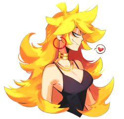 Rule 34 | 1girl, big hair, blonde hair, blue eyes, breasts, dress, earrings, firebay, from side, grin, highres, hoop earrings, jewelry, long hair, necklace, panty &amp; stocking with garterbelt, panty (psg), smile, solo, white background