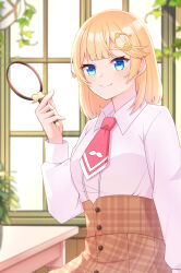 Rule 34 | 1girl, absurdres, blue eyes, collared shirt, highres, hololive, hololive english, indoors, iyotsuki11, long sleeves, looking at viewer, medium hair, necktie, shirt, smile, solo, virtual youtuber, watson amelia, white shirt, window
