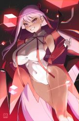 Rule 34 | 1girl, bare shoulders, bat wings, bb (fate), bb (fate) (all), bb (swimsuit mooncancer) (fate), bb (swimsuit mooncancer) (third ascension) (fate), black coat, blush, breasts, coat, dark-skinned female, dark skin, fate/grand order, fate (series), gloves, gradient background, grin, hair ribbon, highleg, highleg leotard, highres, large breasts, leotard, long hair, looking at viewer, magister, neck ribbon, open clothes, open coat, popped collar, purple eyes, purple hair, red ribbon, ribbon, smile, solo, tan, thighs, very long hair, white gloves, white leotard, wings