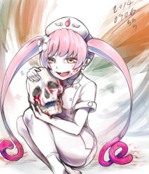 Rule 34 | 1girl, bad id, bad pixiv id, blood, blood on face, blush, borrowed character, bottomless, buttons, colored skin, ebola-chan, fang, flower, hair flower, hair ornament, hat, holding, knees together feet apart, legs together, long hair, nurse, nurse cap, open mouth, original, pale skin, personification, pink hair, pointy ears, roro (qualitynine), short sleeves, sitting, skull, socks, solo, twintails, very long hair, white skin, yellow eyes