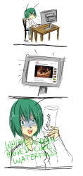 Rule 34 | androgynous, antennae, cape, computer, desk, evil smile, food, gender request, green eyes, green hair, highres, keyboard, keyboard (computer), long image, mouse (computer), nekomizu, parody, pizza, short hair, smile, tall image, text focus, touhou, whipped cream, wriggle nightbug, you gonna get raped, youtube, | |