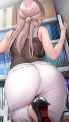 Rule 34 | 1girl, absurdres, ass, ass focus, bare shoulders, black footwear, cameltoe, commentary request, duplicate, file, file cabinet, from behind, from below, gentsuki, hair bun, high heels, highres, huge ass, indoors, long hair, office, original, pants, pixel-perfect duplicate, shirt, shoes, silver hair, single hair bun, sleeveless, sleeveless shirt, solo, standing, standing on one leg, white pants