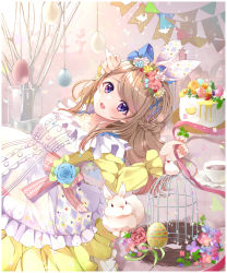 Rule 34 | 1girl, :d, animal ears, apron, arm up, bird, birdcage, blue flower, blue rose, braid, branch, brown hair, cage, cake, commentary request, cup, dress, easter, easter egg, egg, fake animal ears, fingernails, flower, food, french braid, fruit, gradient background, hair flower, hair ornament, hairband, hand on own head, highres, holding, holding ribbon, lemon, lolita hairband, long hair, long sleeves, looking at viewer, lying, on back, open mouth, original, partial commentary, petticoat, pink background, pink flower, pink rose, puracotte, purple eyes, rabbit, ribbon, rose, saucer, smile, streamers, swept bangs, teacup, vase, very long hair, yellow dress