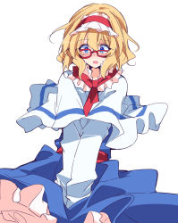 Rule 34 | 1girl, alice margatroid, blonde hair, blue dress, blue eyes, blush, dress, glasses, highres, mihuni, open mouth, short hair, solo, surprised, touhou, white background