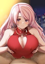 Rule 34 | 1boy, 1girl, bare shoulders, blush, breasts, cleavage, cleavage cutout, clothing cutout, covered erect nipples, cum, dress, ear piercing, earrings, ejaculation, ejaculation under clothes, grabbing own breast, hair between eyes, hetero, highres, huge breasts, jewelry, kantai collection, large breasts, long hair, looking at viewer, luigi di savoia duca degli abruzzi (kancolle), multicolored hair, necklace, official alternate costume, paizuri, paizuri under clothes, piercing, pink eyes, pink hair, pov, projectile cum, purple eyes, red dress, red hair, simple background, sleeveless, sleeveless dress, smile, solo focus, sparkle, streaked hair, stud earrings, suke (share koube), very long hair