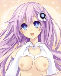 Rule 34 | 1girl, blue eyes, breasts, choujigen game neptune mk2, cleavage, elbow gloves, gloves, hair ornament, heart, heart hands, highres, long hair, looking at viewer, medium breasts, nepgear, neptune (series), nude filter, purple hair, purple sister, smile, solo, third-party edit, tsunako, upper body, white gloves
