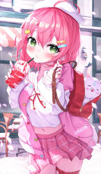 Rule 34 | 35p (sakura miko), absurdres, ahoge, backpack, bag, blush, closed mouth, drink, drinking straw, falling petals, green eyes, hair ornament, hairclip, highres, holding, holding drink, hololive, legband, long sleeves, masaki (msk064), navel, outdoors, petals, plaid, plaid skirt, pleated skirt, red bag, road, sakura miko, sakura miko (school uniform), school uniform, shirt, skirt, standing, street, sunlight, virtual youtuber, white headwear, white shirt