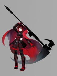 Rule 34 | 1girl, acgearmaker, adapted costume, armor, armored boots, armored skirt, belt, boots, bullet, cape, cloak, cross, elbow pads, flower, full armor, full body, gloves, grey background, grey eyes, holding, holding scythe, holding weapon, huge weapon, looking at viewer, plate armor, red hair, rose, ruby rose, rwby, scythe, short hair, simple background, skirt, solo, standing, tagme, weapon