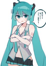 absurdres arm_tattoo bare_shoulders blue_eyes blue_hair covering_breasts covering_privates crossed_arms embarrassed hatsune_miku highres looking_to_the_side midriff_peek miniskirt necktie number_tattoo skirt sweat tattoo tsuchinoko_(tutituti0125) undressing