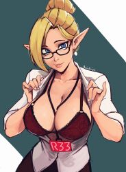 1girl black-framed_eyewear blonde_hair blue_eyes bra breasts cleavage collarbone earrings forecast_janna glasses highres janna_(league_of_legends) jewelry league_of_legends medium_breasts open_clothes ponytail raichiyo33 red_bra shirt short_hair smile solo underwear white_shirt