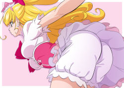 Rule 34 | 1girl, asahina mirai, blonde hair, bloomers, breasts, cure miracle, earrings, frilled skirt, frills, from behind, fuchi (nightmare), hat, jewelry, long hair, magical girl, medium breasts, mini hat, mini witch hat, pink hat, pink skirt, precure, puffy short sleeves, puffy sleeves, purple eyes, shirt, short sleeves, skirt, solo, underwear, white bloomers, white shirt, witch hat