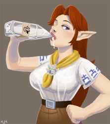 Rule 34 | 1girl, aged up, belt, blue eyes, bottle, bowser, breasts, brown hair, cremia, drinking, eyelashes, eyeshadow, female focus, freckles, hair intakes, hand on own hip, large breasts, lips, lipstick, long hair, makeup, malon, milk, milk bottle, neckerchief, nintendo, nose, penelope and me, pointy ears, saliva, shirt, simple background, solo, taut clothes, taut shirt, the legend of zelda, the legend of zelda: majora&#039;s mask, the legend of zelda: ocarina of time