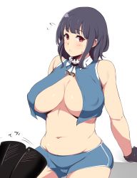 Rule 34 | 10s, 1girl, bad id, bad pixiv id, belly, black hair, breasts, flying sweatdrops, gloves, highres, kantai collection, large breasts, looking at viewer, midriff, moisture (chichi), muffin top, navel, plump, red eyes, short hair, short shorts, shorts, simple background, solo, takao (kancolle), white background