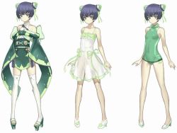 Rule 34 | 1girl, artist request, blue hair, casual one-piece swimsuit, cave (developer), china dress, chinese clothes, costume chart, dodonpachi, dodonpachi saidaioujou, dress, expressionless, flat chest, full body, green eyes, green one-piece swimsuit, hikari (saidaioujou), multiple persona, nagi ryou, official art, one-piece swimsuit, sandals, shoes, short hair, simple background, skirt, standing, swimsuit, thighhighs, toeless legwear, toes, white background, white dress, white skirt, white thighhighs