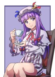 Rule 34 | 1girl, absurdres, bare legs, blunt bangs, breasts, capelet, chair, crescent, crescent hat ornament, cup, dress, feet out of frame, frills, gyouza (mhea5724), hat, hat ornament, highres, holding, holding cup, knees together feet apart, long hair, medium breasts, mob cap, patchouli knowledge, purple dress, purple eyes, purple hair, saucer, simple background, sitting, solo, teacup, touhou, very long hair