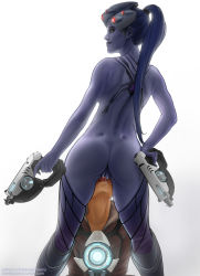 Rule 34 | 2girls, artist name, ass, blue hair, blue skin, colored skin, cunnilingus, from behind, gun, head-mounted display, licking, long hair, looking back, multiple girls, oral, overwatch, overwatch 1, ponytail, pussy, saliva, tattoo, thighhighs, tongue, tracer (overwatch), uncensored, watermark, weapon, web address, widowmaker (overwatch), yellow eyes, yuri
