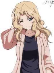 Rule 34 | 10s, 1girl, artist name, black shirt, brown jacket, bukkuri, casual, closed mouth, commentary, dated, girls und panzer, hand on own head, head tilt, jacket, kay (girls und panzer), long hair, long sleeves, looking at viewer, one eye closed, open clothes, open jacket, shirt, signature, simple background, smile, solo, standing, upper body, white background, wide sleeves
