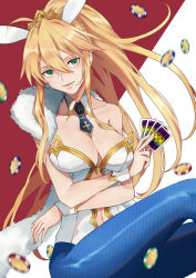 Rule 34 | 1girl, animal ears, artoria pendragon (all), artoria pendragon (fate), artoria pendragon (swimsuit ruler) (fate), bare shoulders, blonde hair, blue pantyhose, breasts, card, cleavage, detached collar, fake animal ears, fate/grand order, fate (series), fishnets, green eyes, hair between eyes, highres, karen ngao, large breasts, leotard, long hair, looking at viewer, necktie, pantyhose, playboy bunny, playing card, poker chip, ponytail, rabbit ears, rabbit girl, sidelocks, sitting, solo, white leotard, wrist cuffs