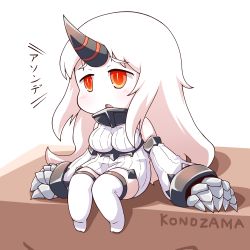 Rule 34 | 10s, 1girl, abyssal ship, bare shoulders, breasts, chibi, claws, detached sleeves, dress, horns, jinnouchi akira, kantai collection, large breasts, long hair, pale skin, red eyes, ribbed dress, seaport princess, short dress, single horn, solo, sweater, sweater dress, white hair