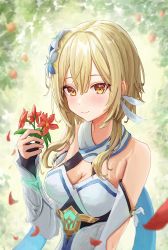 Rule 34 | 1girl, absurdres, bare shoulders, blonde hair, blush, breasts, cleavage, closed mouth, commentary request, dress, feather hair ornament, feathers, flower, genshin impact, hair flower, hair ornament, hand up, highres, holding, holding flower, icetea774, lumine (genshin impact), medium breasts, orange eyes, short hair, short hair with long locks, smile, solo, upper body, white dress