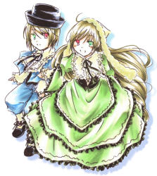 Rule 34 | 00s, 2girls, ahoge, blonde hair, blue dress, doll, dress, full body, green dress, green eyes, grin, head scarf, heterochromia, layered dress, long hair, looking at viewer, multiple girls, red eyes, rozen maiden, rozen maiden traumend, short hair, siblings, simple background, sisters, smile, souseiseki, standing, straightchromia, suiseiseki, twins, very long hair, white background