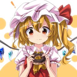 Rule 34 | !, 1girl, ascot, blush, chocolate, closed mouth, crystal, demon wings, doughnut, eating, flandre scarlet, food, food on face, frilled shirt collar, frilled sleeves, frills, hair between eyes, hat, hat ribbon, holding, holding food, icing, long hair, looking at viewer, mob cap, puffy short sleeves, puffy sleeves, red eyes, red ribbon, red vest, ribbon, ryogo, sanpaku, shirt, short sleeves, side ponytail, solo, sweets, tareme, touhou, two-tone background, upper body, vest, wavy hair, white hat, white shirt, wings, yellow ascot