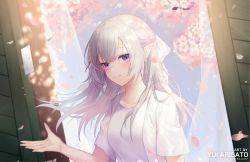 Rule 34 | 1girl, absurdres, arisato yui, artist name, bad id, bad pixiv id, blush, braid, character request, cherry blossoms, closed mouth, collarbone, floating hair, french braid, hair between eyes, highres, long hair, purple eyes, shirt, short sleeves, silver hair, smile, solo, upper body, virtual youtuber, watermark, web address, white shirt