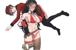 Rule 34 | absurdres, alcohol, armband, beret, bikini, black hair, blue eyes, blush, breasts, carrying, carrying over shoulder, collar, colt python (girls frontline), commander (girls&#039; frontline), commission, drunk, girls&#039; frontline, gloves, green eyes, griffin &amp; kryuger military uniform, hair ornament, hat, height difference, highres, jack daniel&#039;s, large breasts, lifting person, navel, necktie, pixiv commission, pouch, python (girls&#039; frontline), python (hunting time) (girls&#039; frontline), red bikini, ribbon, rroar8, size difference, swimsuit, thighhighs, tongue, tongue out, whiskey, white background, yellow lips