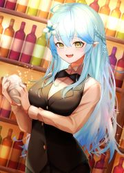 Rule 34 | 1girl, :d, absurdres, ahoge, bar (place), bartender, black bow, black bowtie, blouse, blue hair, blue nails, blush, bow, bowtie, braid, breasts, buttons, collared shirt, dress shirt, elf, fingernails, gradient hair, hair between eyes, half updo, heart, heart ahoge, highres, hololive, large breasts, long hair, long sleeves, looking at viewer, multicolored hair, nail polish, open mouth, pointy ears, shirt, smile, solo, streaked hair, towrituka, virtual youtuber, waistcoat, white shirt, yellow eyes, yukihana lamy