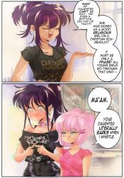 Rule 34 | 2koma, 3girls, band shirt, blue eyes, blush, buckle, collar, collarbone, comic, commentary, deep purple, ear piercing, english commentary, english text, floral print, grs-, hair ornament, hairclip, height difference, highres, homophobia, index fingers together, merchandise, mother and daughter, multiple girls, my chemical romance, off-shoulder shirt, off shoulder, open hand, original, piercing, pink collar, pink eyes, pink hair, pink shirt, ponytail, poster (object), purple hair, sex pistols, sharon (grs-), shirt, short hair, short sleeves, slayer (band), sparkle, speech bubble, t-shirt, talia (grs-), teeth, upper teeth only, yuri