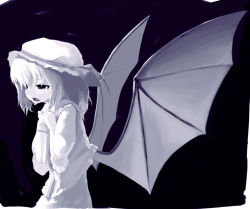 Rule 34 | 1girl, bat wings, black background, cowboy shot, female focus, from side, hat, holding, mob cap, monochrome, purple theme, remilia scarlet, simple background, solo, tears, touhou, two-handed, wings, x6suke