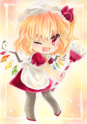 Rule 34 | 1girl, ;d, alternate costume, anor, apron, ascot, black pantyhose, blonde hair, bow, broom, chibi, dress, enmaided, fang, female focus, flandre scarlet, hat, hat bow, hat ribbon, looking at viewer, maid, maid apron, maid headdress, millipen (medium), one eye closed, open mouth, pantyhose, pastel (medium), red eyes, ribbon, short hair, side ponytail, smile, solo, thighhighs, touhou, traditional media, wings, wink