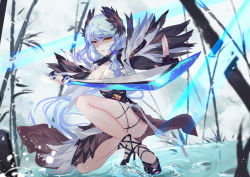 Rule 34 | 1girl, bad id, bad pixiv id, bamboo, bare legs, black corset, black skirt, blue hair, breasts, capelet, character request, cleavage, corset, feathers, fingerless gloves, gloves, high heels, highres, holding, holding sword, holding weapon, katana, legs, long hair, long sleeves, looking at viewer, medium breasts, parted lips, skirt, smile, solo, sword, the law of destiny, vardan, very long hair, water, weapon, yellow eyes
