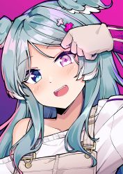 Rule 34 | + +, 1girl, absurdres, animal ears, blue eyes, blue hair, collarbone, commentary, dragon ears, elira pendora, elira pendora (1st costume), english commentary, fangs, gradient background, grey overalls, head tilt, head wings, heterochromia, highres, holding, holding hair, nijisanji, nijisanji en, open mouth, overalls, parted bangs, pink background, pink eyes, purple background, seion, smile, solo, sweater, upper body, virtual youtuber, white sweater, wings