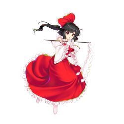 Rule 34 | 1girl, black hair, bow, brown eyes, detached sleeves, frilled skirt, frilled sleeves, frills, full body, game cg, gloves, gohei, hair bow, hakurei reimu, highres, long hair, looking at viewer, open mouth, perfect cherry blossom, ponytail, red bow, red skirt, red vest, ribbon-trimmed sleeves, ribbon trim, rotte (1109), shide, shirt, simple background, skirt, solo, third-party source, touhou, touhou lostword, vest, white background, white gloves, white shirt, wide sleeves