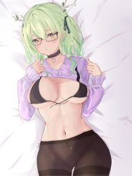 Rule 34 | 1girl, antlers, bed sheet, black choker, bra, breasts, ceres fauna, ceres fauna (jirai kei), choker, chyraliss, closed mouth, clothes lift, glasses, green hair, highres, hololive, hololive english, horns, large breasts, long hair, long sleeves, looking at viewer, lying, navel, pantyhose, shirt lift, smile, solo, twintails, underwear, virtual youtuber, yellow eyes