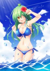 Rule 34 | bikini, blue bikini, breasts, cleavage, commentary request, day, flower, frog hair ornament, green hair, hair between eyes, hair down, hair flower, hair ornament, highres, kochiya sanae, large breasts, long hair, looking at viewer, navel, ocean, one eye closed, open mouth, osashin (osada), outdoors, side-tie bikini bottom, snake hair ornament, solo, swimsuit, touhou, wading, yellow eyes