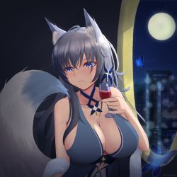 Rule 34 | 1girl, absurdres, alcohol, animal ear fluff, animal ears, aricsphere1, azur lane, blue butterfly, blue dress, blue eyes, breasts, bug, butterfly, choker, cleavage, detached collar, dress, fox ears, fox tail, highres, insect, large breasts, long hair, moon, night, red wine, shinano (azur lane), shinano (dreams of the hazy moon) (azur lane), solo, star (sky), tail, wine