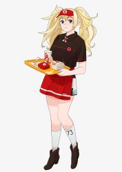 Rule 34 | 1girl, alternate costume, apron, bad id, bad twitter id, blonde hair, blue eyes, boots, breasts, burger, closed mouth, clothes writing, collared shirt, commentary, employee uniform, enemy lifebuoy (kancolle), fast food, fast food uniform, food, french fries, gambier bay (kancolle), hair between eyes, high heel boots, high heels, highres, holding, holding tray, kantai collection, kneehighs, long hair, looking at viewer, multicolored clothes, ojipon, shirt, short sleeves, simple background, skirt, smile, socks, solo, standing, symbol-only commentary, t-shirt, tray, twintails, uniform, visor cap, waist apron, white socks
