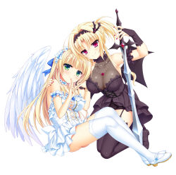 Rule 34 | 2girls, absurdres, alternate costume, angel and devil, angel wings, bare shoulders, black dress, black footwear, black gloves, black thighhighs, blonde hair, blue flower, blue rose, blunt bangs, blush, bracelet, breasts, bridal gauntlets, center frills, choker, cleavage, closed mouth, demon wings, dress, eyes visible through hair, fake wings, feathered wings, finger to mouth, flower, frilled choker, frilled dress, frills, full body, garter straps, gloves, green eyes, hair between eyes, hair intakes, hand on another&#039;s shoulder, hand up, heads together, heroina di caballero ista, highres, holding, holding sword, holding weapon, hug, impossible clothes, index finger raised, jewelry, kin-iro loveriche, kneeling, large breasts, legs together, long hair, looking at viewer, mary janes, moribe (rabumanyo), multiple girls, nail polish, necklace, off-shoulder dress, off shoulder, official art, pink eyes, red flower, red nails, red rose, rose, shiny skin, shoes, short ponytail, shushing, sidelocks, simple background, sitting, sleeveless, sleeveless dress, smile, smug, straight hair, strapless, strapless dress, sword, sylvia le cruzcrown sortilege sisua, thighhighs, thighs, toranosuke, very long hair, weapon, white background, white dress, white footwear, white thighhighs, white wings, wings, zettai ryouiki